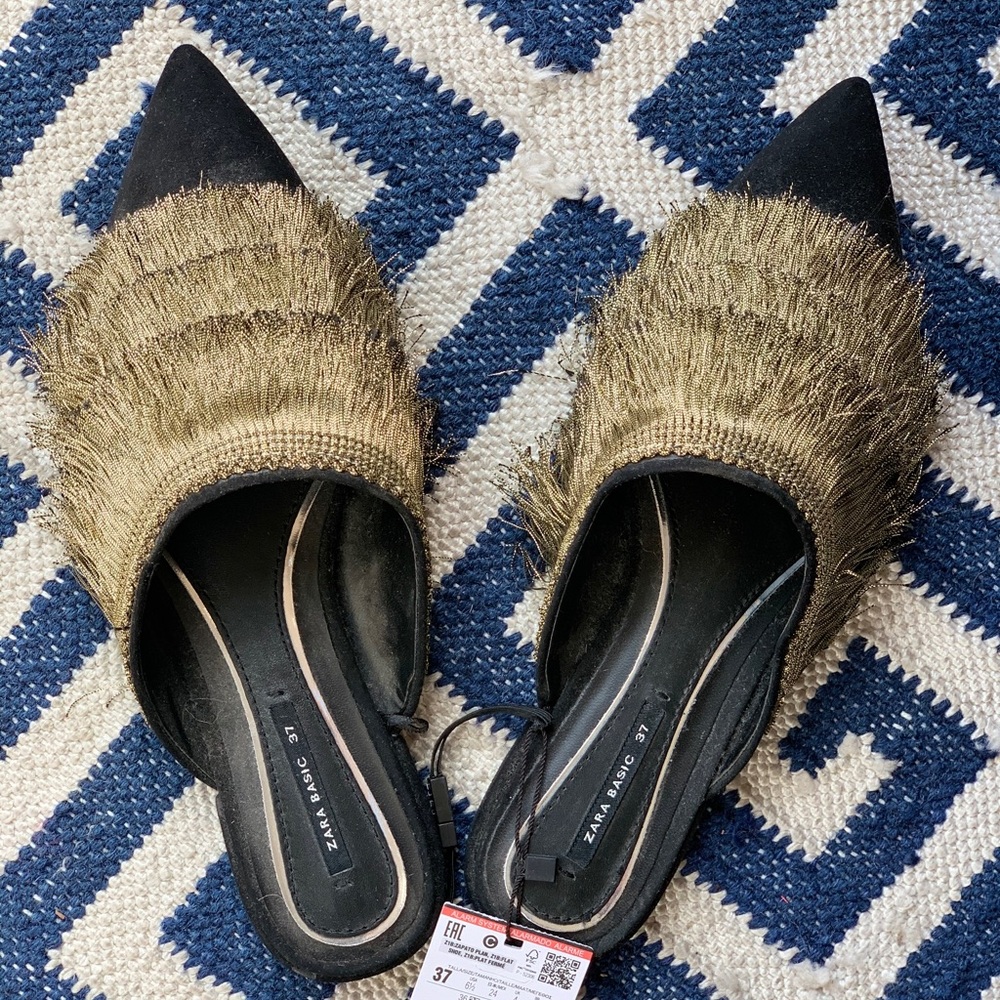 NWT Zara Gold Fringe Black Mules - Size 37 EU
